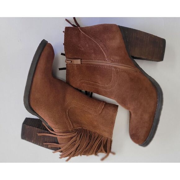 Sbicca Marimba Fringe Whiskey‎ Premium Suede Leather High-Heel Boots Szie 7 - Picture 1 of 16